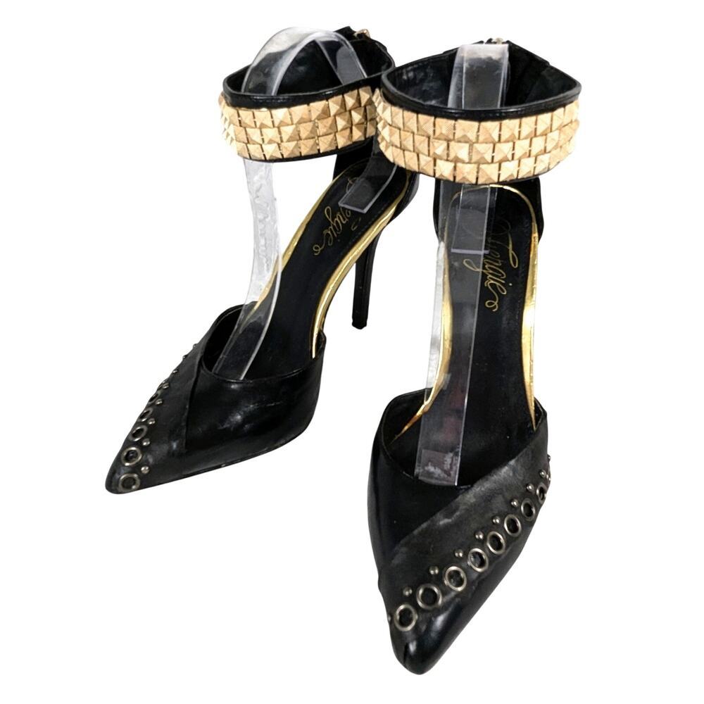 FERGIE! BLACK VEGAN LEATHER, BACK ZIPPER, STUDDED STRAP, STILETTO HEELS! SZ 9M